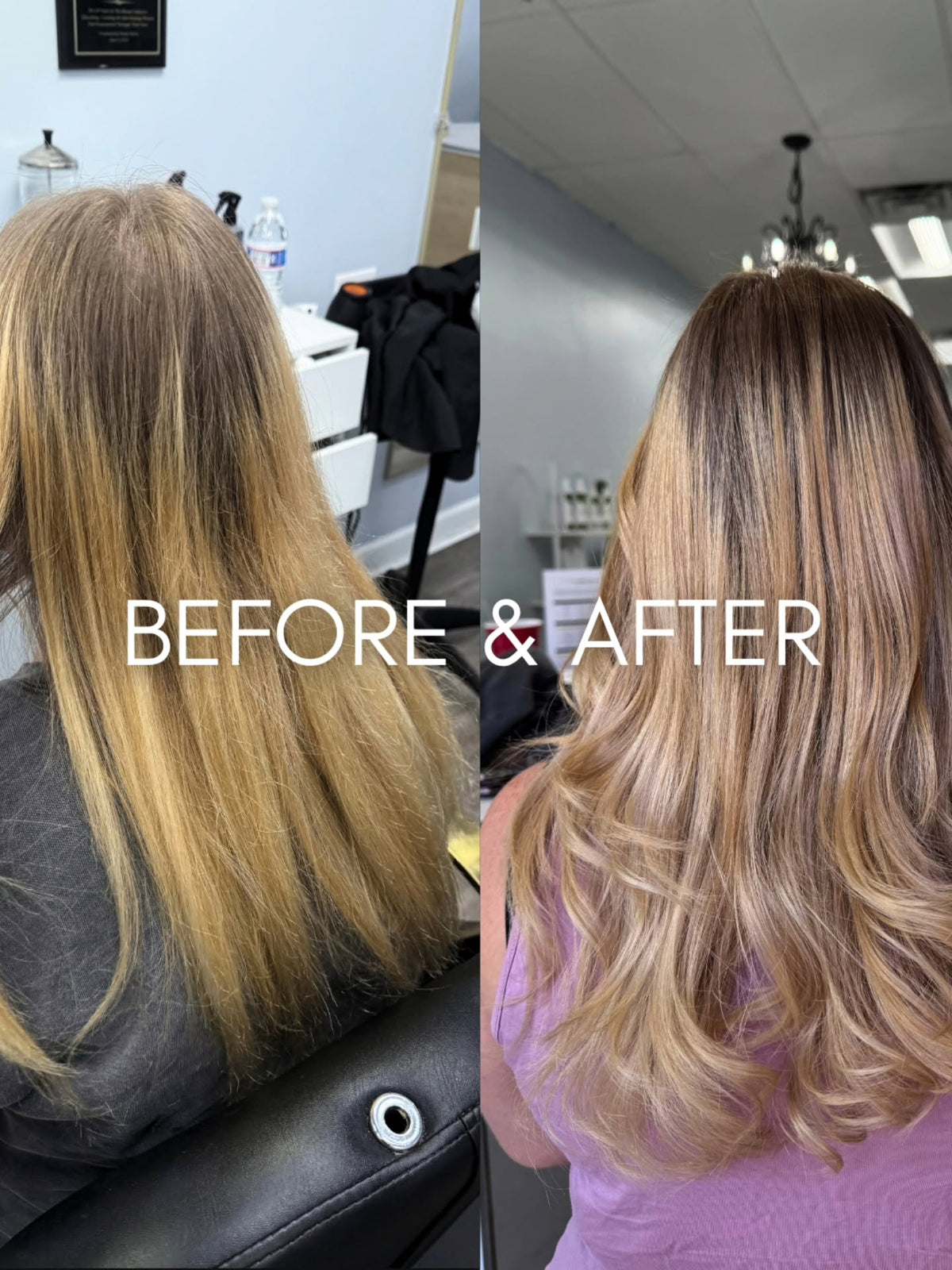 Before and after hair color transformation at Divine Beauty Salon in South Amboy, NJ